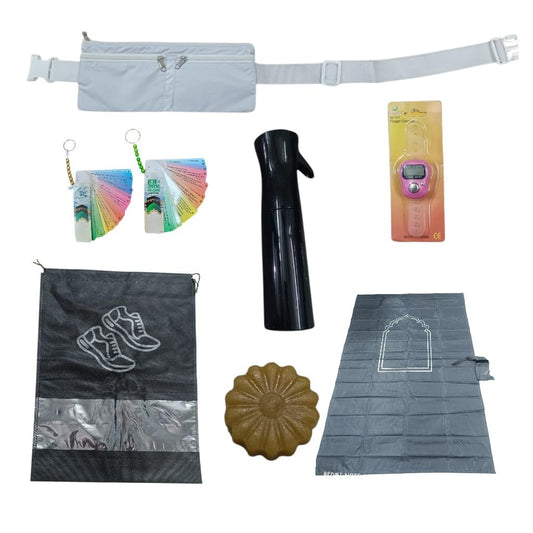 Premium7 piece Combo Hajj and Umrah Kit for MEN with waist Belt Bag, Prayer Mat, Shoe Bag, Wuzu Spray Bottle, Finger Counter, Dua Cards and Halal Soap