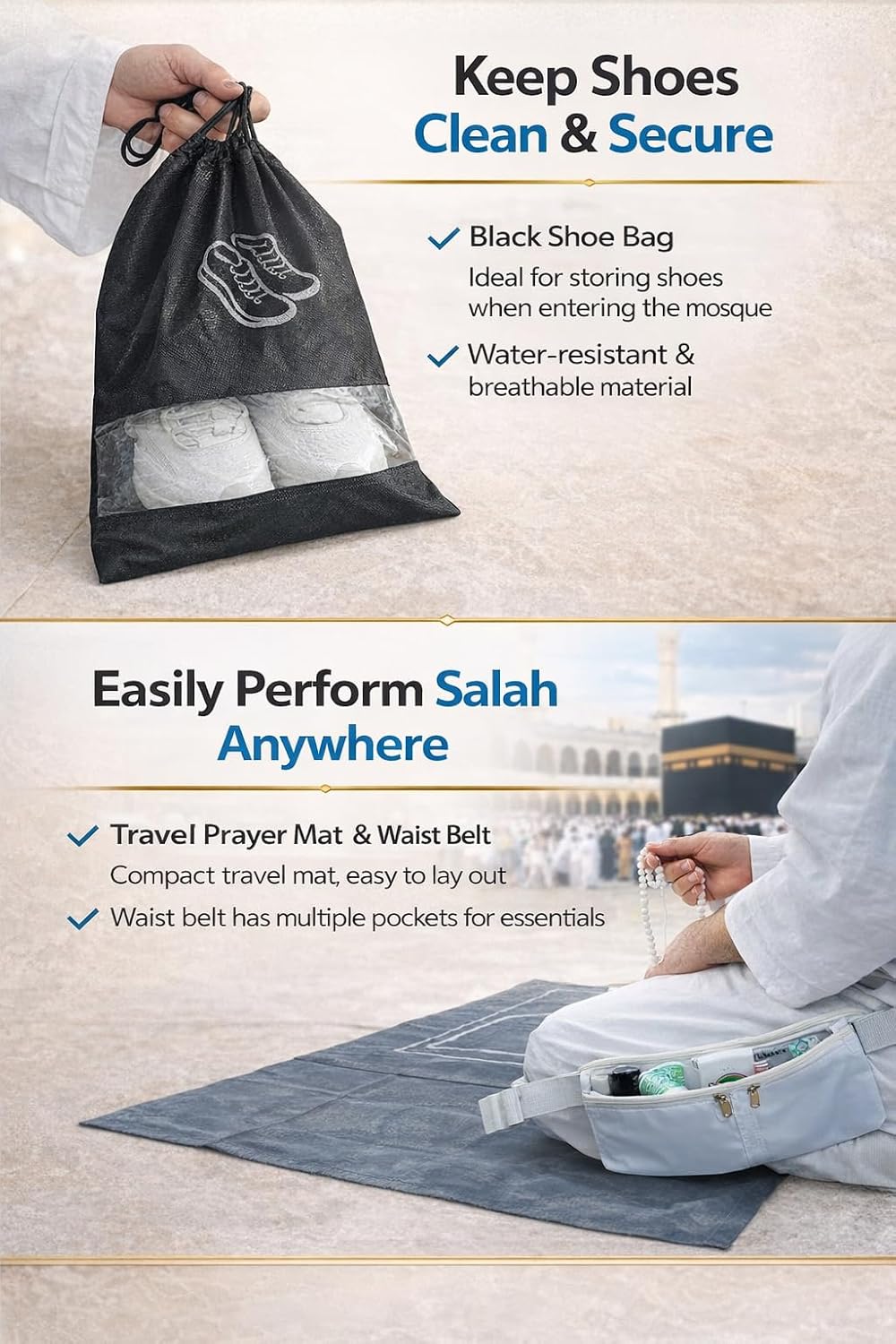 Premium7 piece Combo Hajj and Umrah Kit for MEN with waist Belt Bag, Prayer Mat, Shoe Bag, Wuzu Spray Bottle, Finger Counter, Dua Cards and Halal Soap