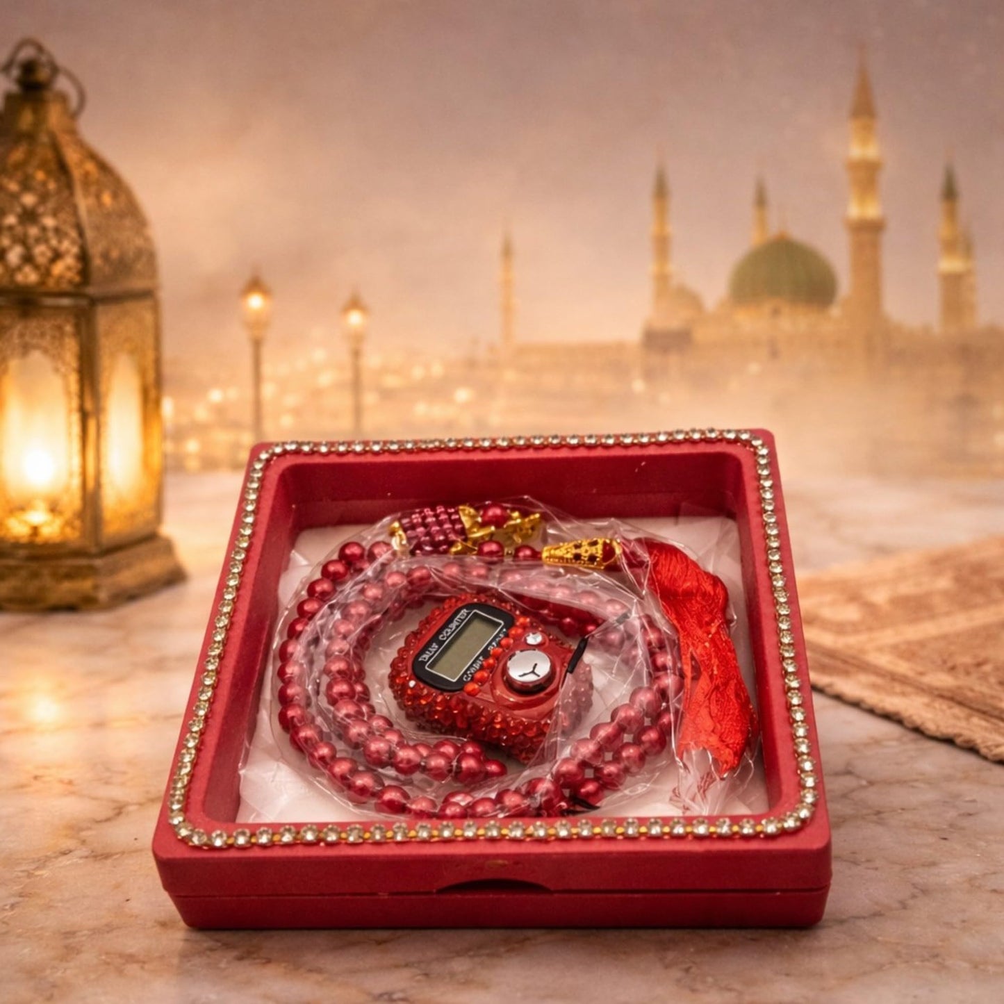 Premium Islamic Prayer Beads Tasbih Set, with Digital Finger Counter Beads Tasbih Set|Umrah Hadiya|Bridal Gift