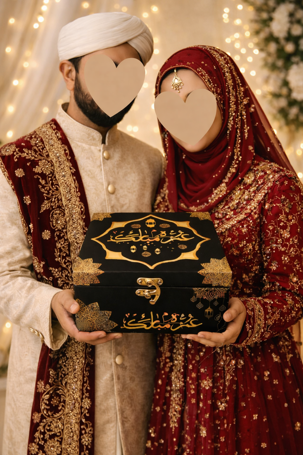 Premium COMBO FOR NEWLY MARRIED COUPLE Umrah Mubarak Gift Box + Hajj/Umrah Dua Card with Hindi/Urdu translation.